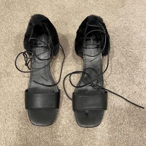 Kelsi Dagger Black Fur-Trimmed Sandals
